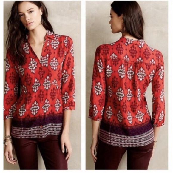 Anthropologie Tops - Anthropologie Maeve Woodland Walk Red Ikat Size 4